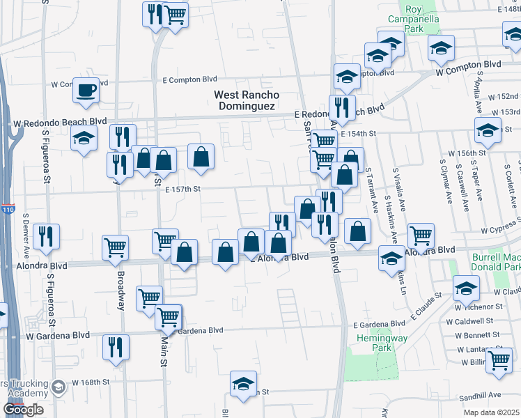 map of restaurants, bars, coffee shops, grocery stores, and more near 333 East 158th Street in Gardena