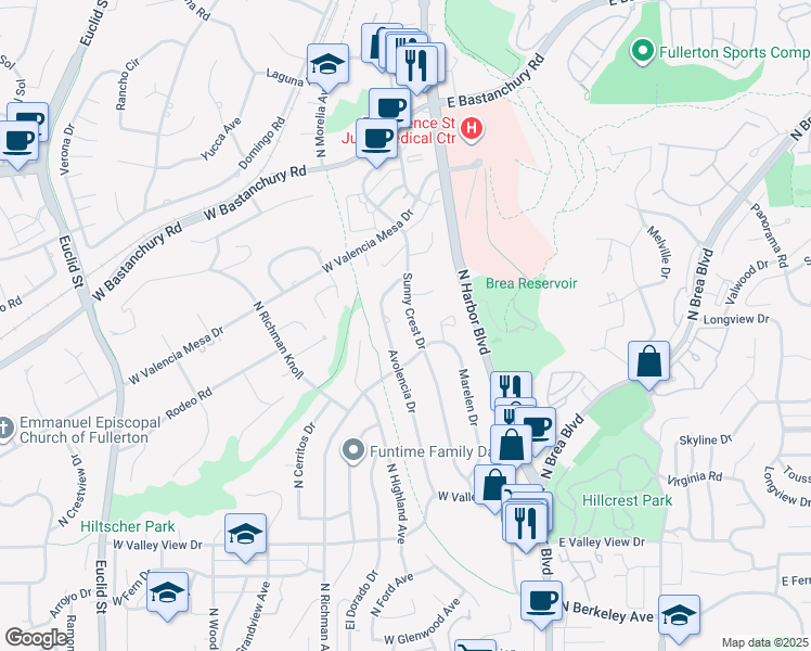map of restaurants, bars, coffee shops, grocery stores, and more near 1521 Sunny Crest Drive in Fullerton