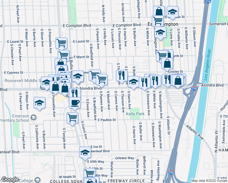 map of restaurants, bars, coffee shops, grocery stores, and more near 15947 South Caress Avenue in Compton