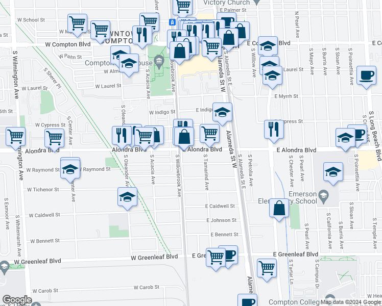 map of restaurants, bars, coffee shops, grocery stores, and more near 116 East Alondra Boulevard in Compton