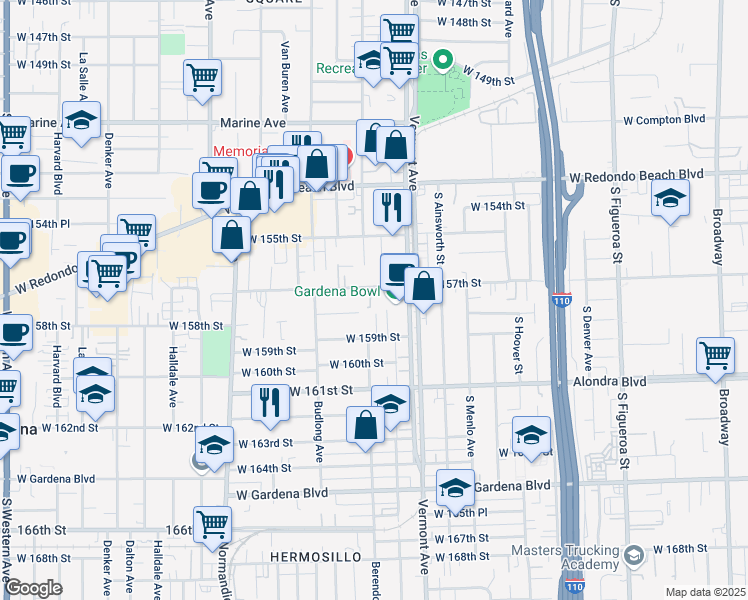 map of restaurants, bars, coffee shops, grocery stores, and more near 15804 Berendo Avenue in Gardena