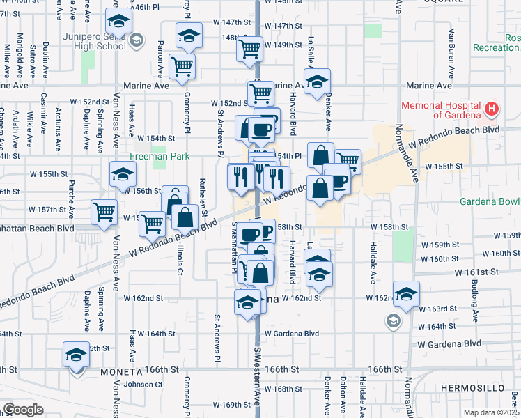 map of restaurants, bars, coffee shops, grocery stores, and more near 17700 South Western Avenue in Gardena