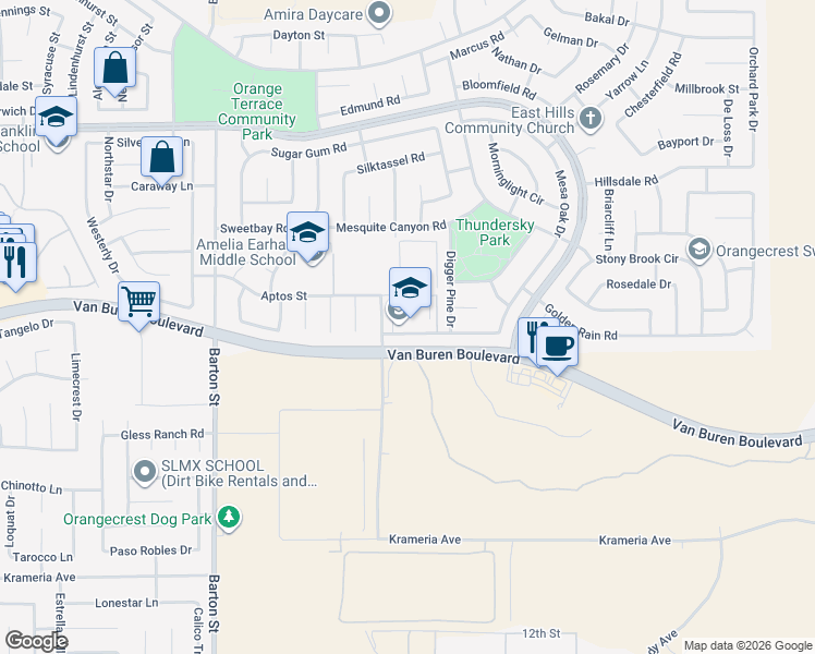 map of restaurants, bars, coffee shops, grocery stores, and more near 20440 Red Poppy Lane in Riverside