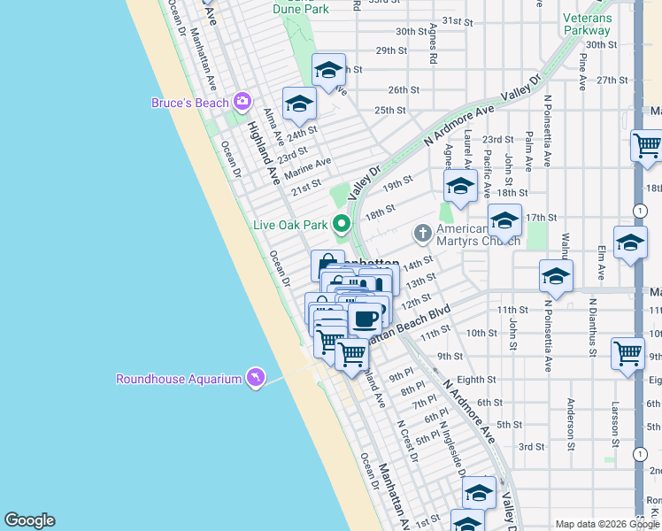 map of restaurants, bars, coffee shops, grocery stores, and more near 232 16th Street in Manhattan Beach
