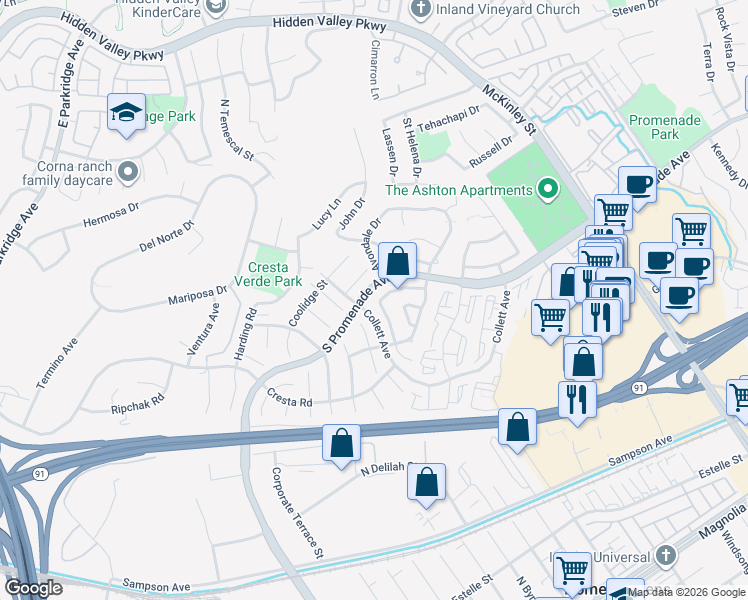 map of restaurants, bars, coffee shops, grocery stores, and more near 445 Yosemite Circle in Corona
