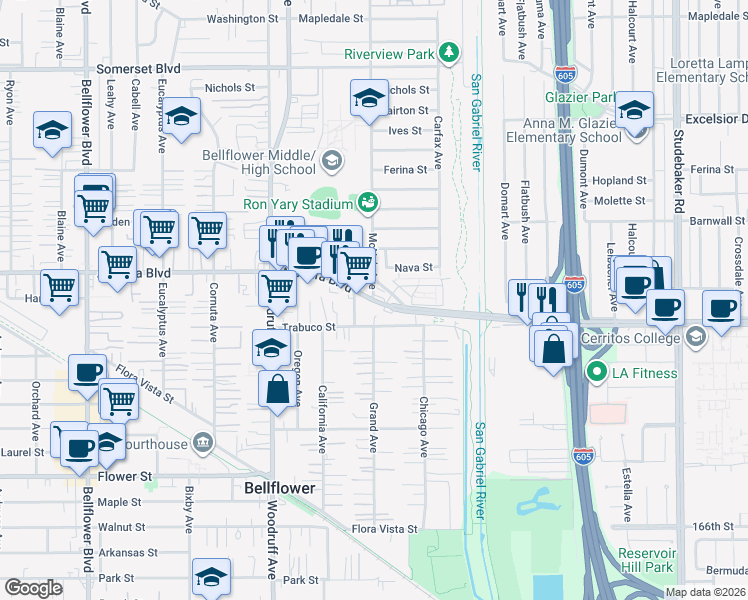 map of restaurants, bars, coffee shops, grocery stores, and more near Alondra Boulevard & McNab Avenue in Bellflower