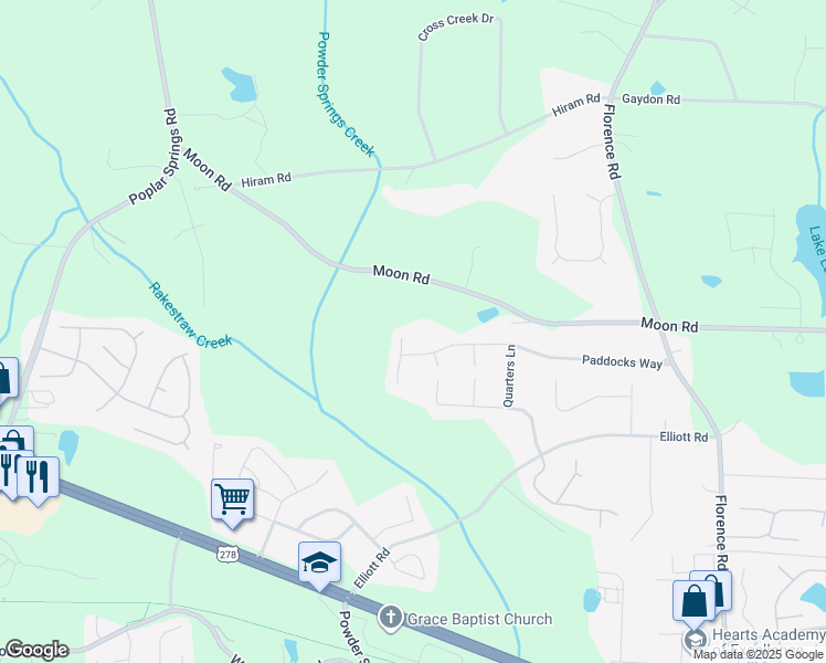 map of restaurants, bars, coffee shops, grocery stores, and more near 1422 Paddocks Way in Powder Springs
