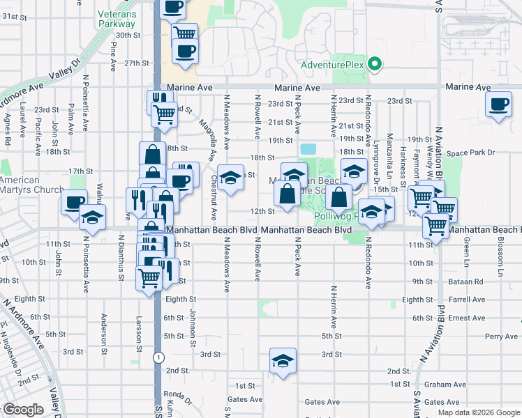 map of restaurants, bars, coffee shops, grocery stores, and more near in Manhattan Beach
