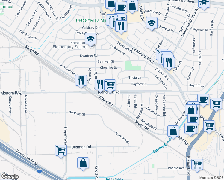 map of restaurants, bars, coffee shops, grocery stores, and more near 15819 Verna Lane in La Mirada