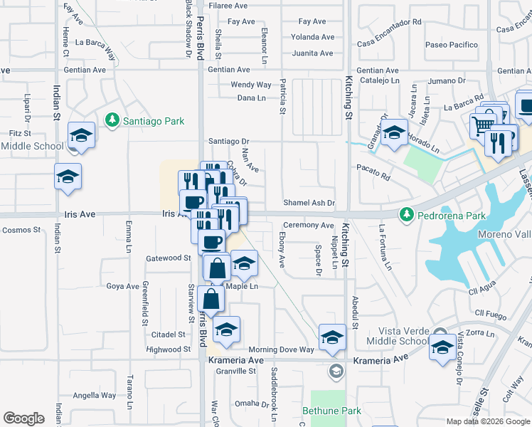 map of restaurants, bars, coffee shops, grocery stores, and more near Iris Park in Moreno Valley