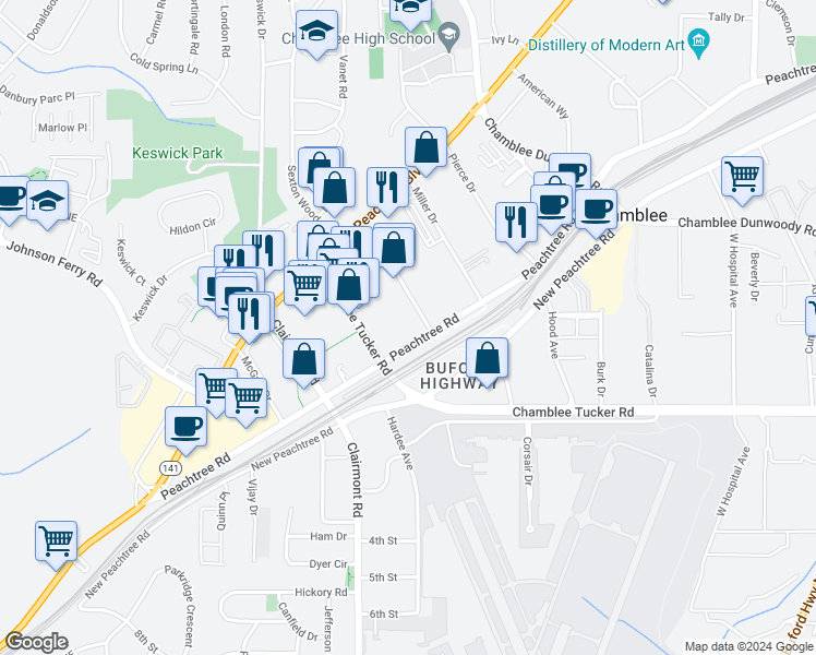 map of restaurants, bars, coffee shops, grocery stores, and more near 5198 Peachtree Road in Atlanta