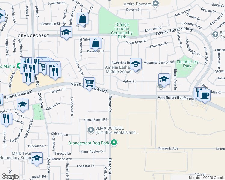 map of restaurants, bars, coffee shops, grocery stores, and more near 8998 Barton Street in Riverside