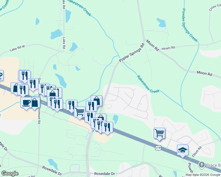 map of restaurants, bars, coffee shops, grocery stores, and more near 15 Poplar Farms Drive in Hiram