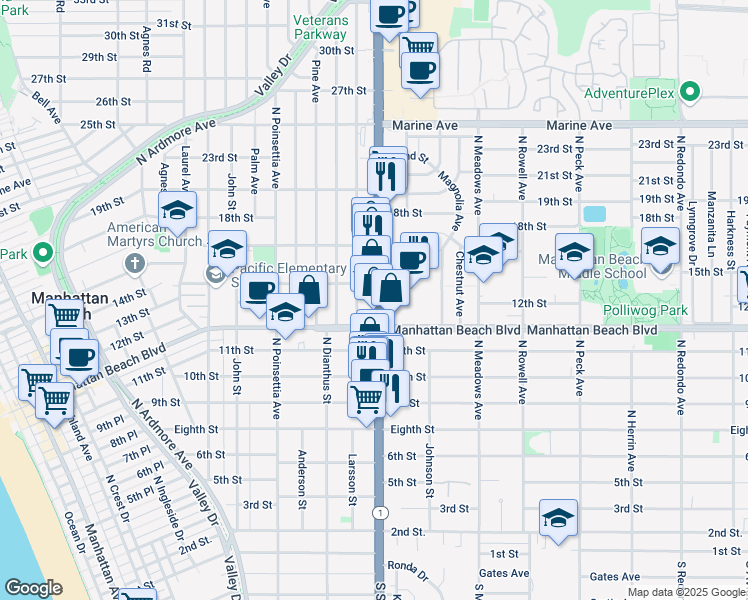 map of restaurants, bars, coffee shops, grocery stores, and more near 1203 North Sepulveda Boulevard in Manhattan Beach