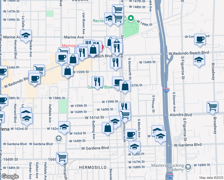 map of restaurants, bars, coffee shops, grocery stores, and more near 1030 Magnolia Avenue in Gardena
