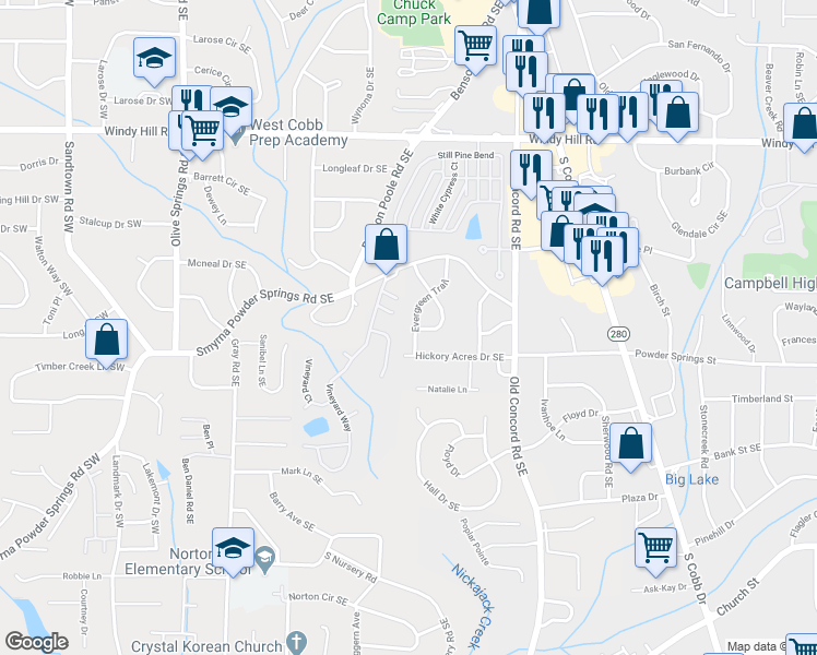 map of restaurants, bars, coffee shops, grocery stores, and more near 2660 Evergreen Trail in Smyrna