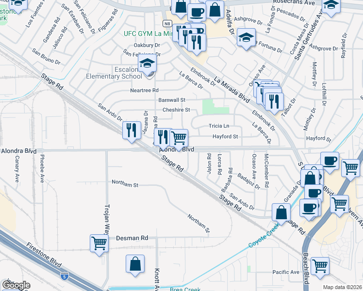 map of restaurants, bars, coffee shops, grocery stores, and more near 15819 Verna Lane in La Mirada