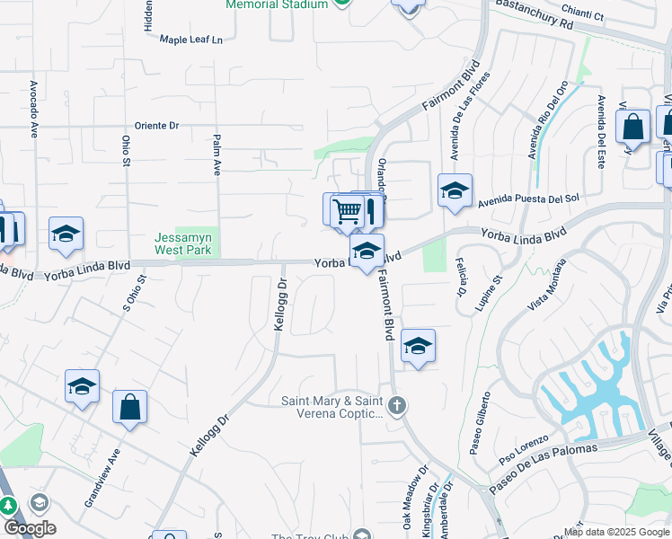 map of restaurants, bars, coffee shops, grocery stores, and more near 5001 Wagon Wheel Drive in Yorba Linda