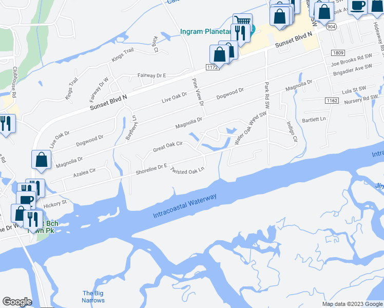 map of restaurants, bars, coffee shops, grocery stores, and more near 527 Shoreline Drive East in Sunset Beach