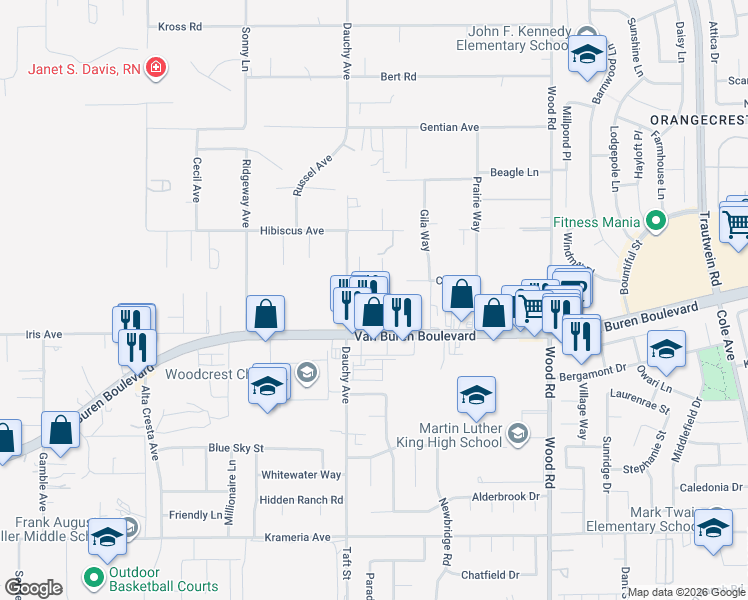 map of restaurants, bars, coffee shops, grocery stores, and more near 18580 Van Buren Boulevard in Riverside