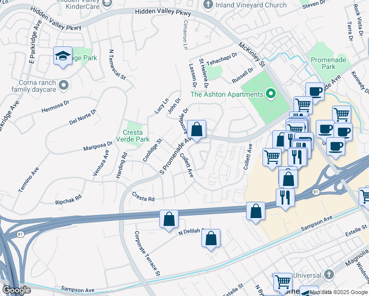 map of restaurants, bars, coffee shops, grocery stores, and more near 445 Yosemite Circle in Corona