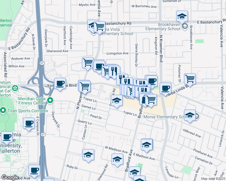 map of restaurants, bars, coffee shops, grocery stores, and more near 1829 Sapphire Road in Fullerton