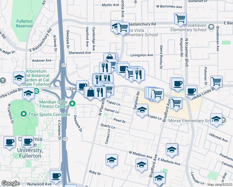 map of restaurants, bars, coffee shops, grocery stores, and more near 3020 Yorba Linda Boulevard in Fullerton