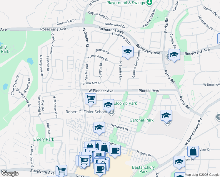 map of restaurants, bars, coffee shops, grocery stores, and more near 2171 Root Street in Fullerton