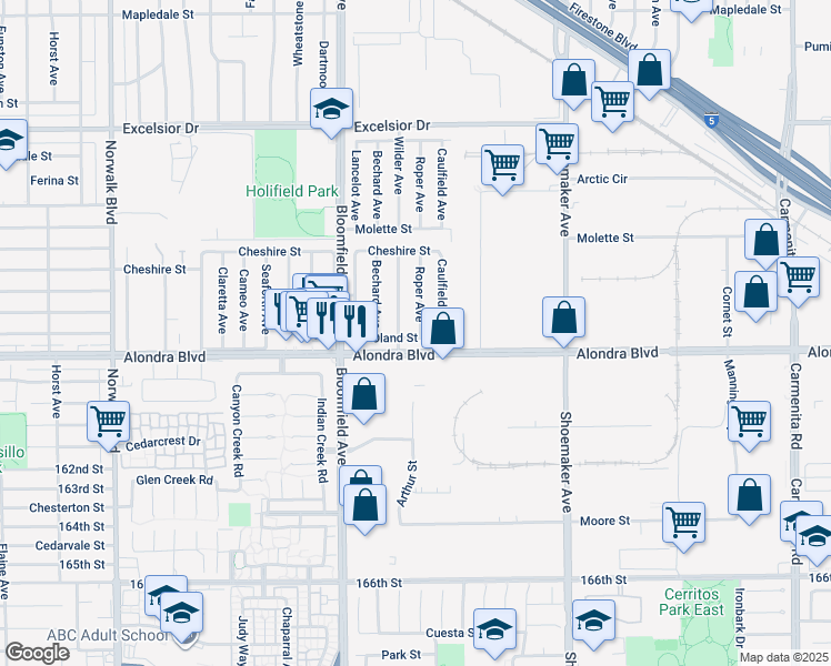 map of restaurants, bars, coffee shops, grocery stores, and more near 12738 Oland Street in Norwalk