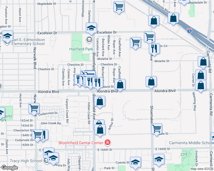 map of restaurants, bars, coffee shops, grocery stores, and more near 12646 Oland Street in Norwalk