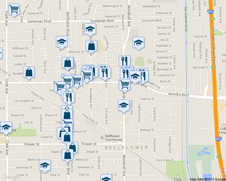 map of restaurants, bars, coffee shops, grocery stores, and more near 16112 3/4 Cornuta Avenue in Bellflower