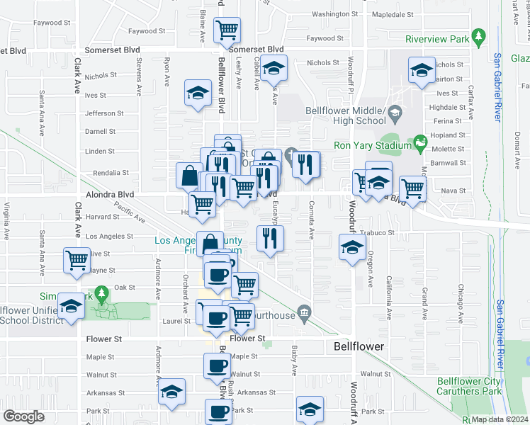 map of restaurants, bars, coffee shops, grocery stores, and more near 16123 Eucalyptus Avenue in Bellflower