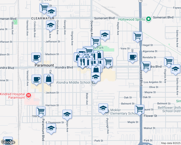 map of restaurants, bars, coffee shops, grocery stores, and more near 15943 Downey Avenue in Paramount