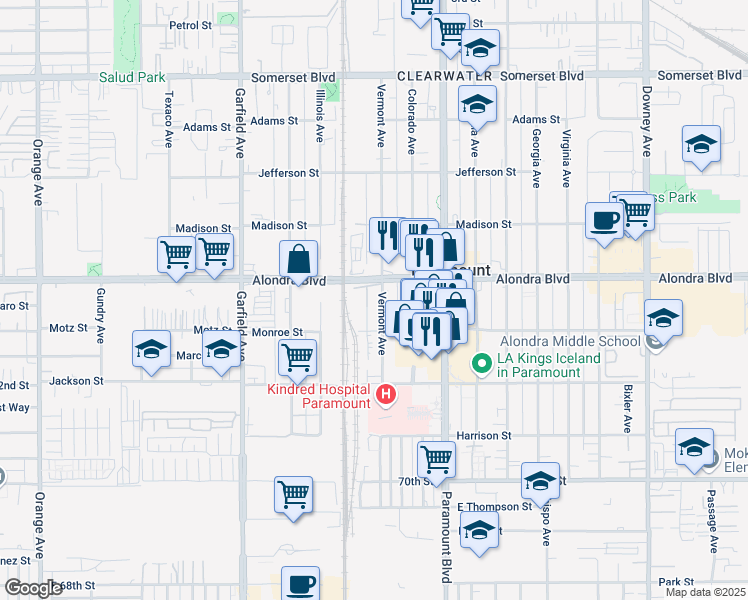 map of restaurants, bars, coffee shops, grocery stores, and more near 15938 Vermont Avenue in Paramount