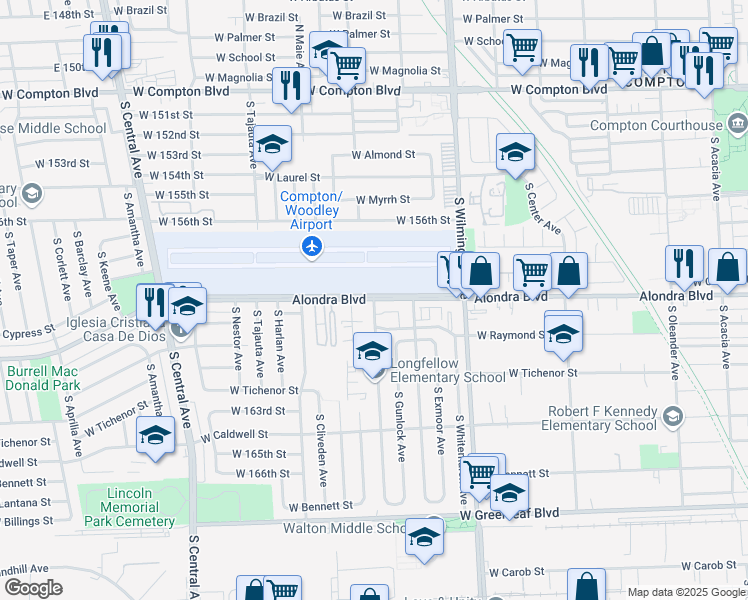 map of restaurants, bars, coffee shops, grocery stores, and more near 950 West Alondra Boulevard in Compton
