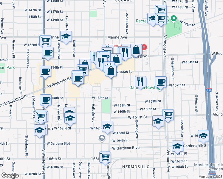 map of restaurants, bars, coffee shops, grocery stores, and more near in Gardena
