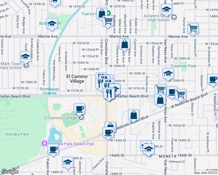 map of restaurants, bars, coffee shops, grocery stores, and more near 15706 Crenshaw Boulevard in Gardena