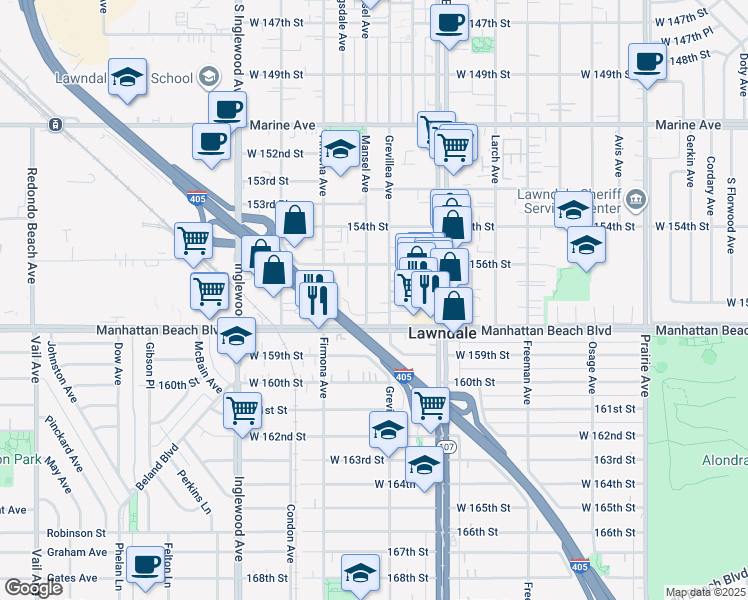 map of restaurants, bars, coffee shops, grocery stores, and more near 15719 Mansel Avenue in Lawndale