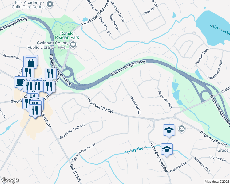 map of restaurants, bars, coffee shops, grocery stores, and more near 1089 Olde Hinge Way in Snellville