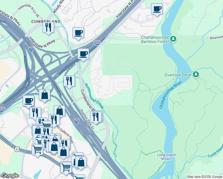 map of restaurants, bars, coffee shops, grocery stores, and more near 3655 Chattahoochee Summit Drive Southeast in Atlanta