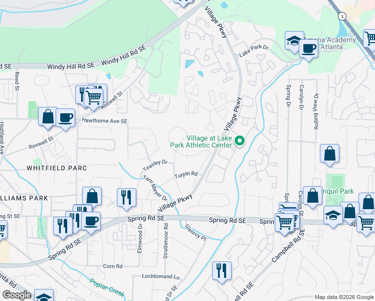 map of restaurants, bars, coffee shops, grocery stores, and more near 2181 Gordon Circle in Smyrna