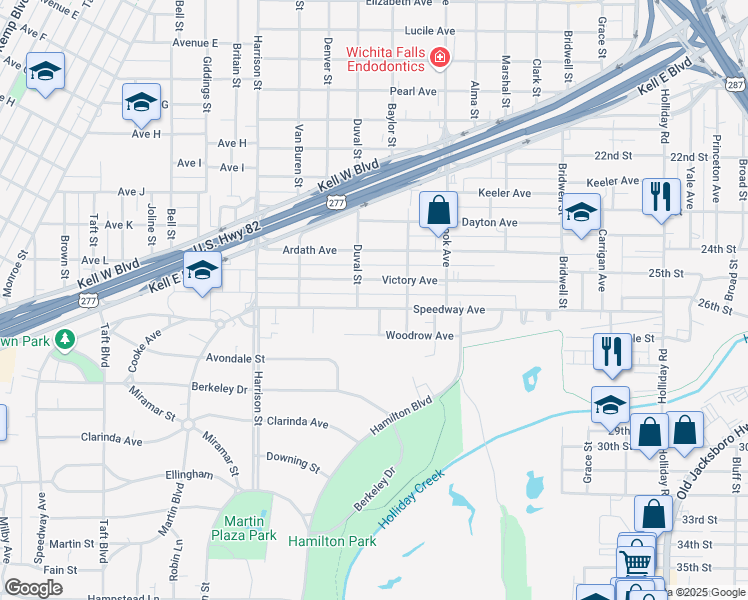 map of restaurants, bars, coffee shops, grocery stores, and more near 1809 Speedway Avenue in Wichita Falls