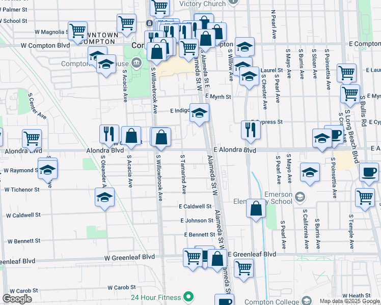 map of restaurants, bars, coffee shops, grocery stores, and more near 916 South Tamarind Avenue in Compton