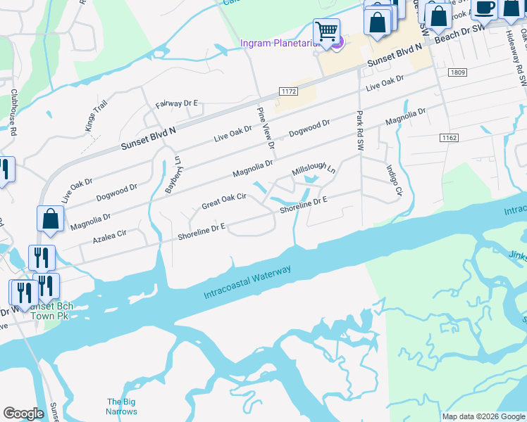 map of restaurants, bars, coffee shops, grocery stores, and more near 535 Twisted Oak Ln in Sunset Beach