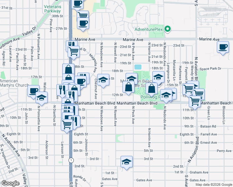 map of restaurants, bars, coffee shops, grocery stores, and more near 1420 12th Street in Manhattan Beach