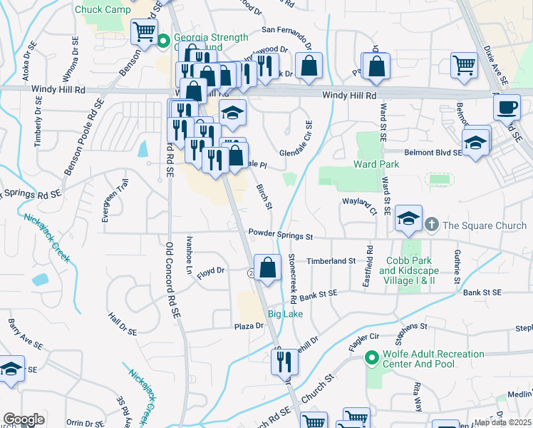map of restaurants, bars, coffee shops, grocery stores, and more near 2660 Birch Street in Smyrna