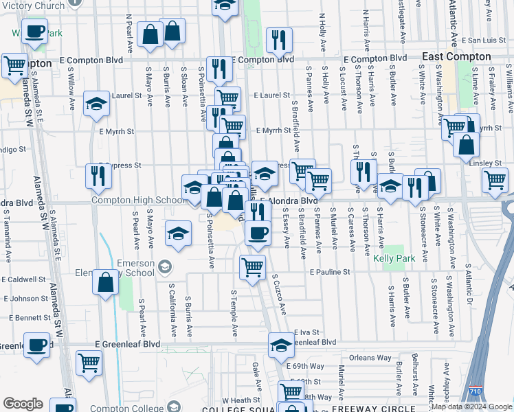 map of restaurants, bars, coffee shops, grocery stores, and more near 904 South Bullis Road in Compton