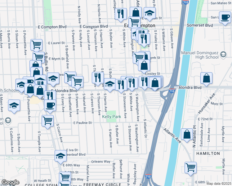 map of restaurants, bars, coffee shops, grocery stores, and more near 2416 East Alondra Boulevard in Compton