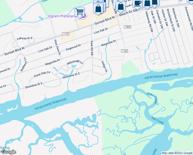 map of restaurants, bars, coffee shops, grocery stores, and more near 1135 Park Road Southwest in Sunset Beach