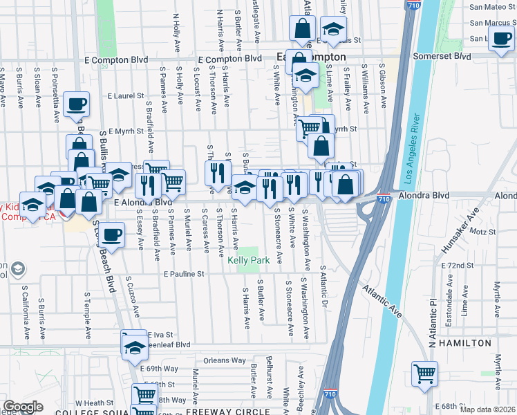 map of restaurants, bars, coffee shops, grocery stores, and more near 1003 South Castlegate Avenue in Compton